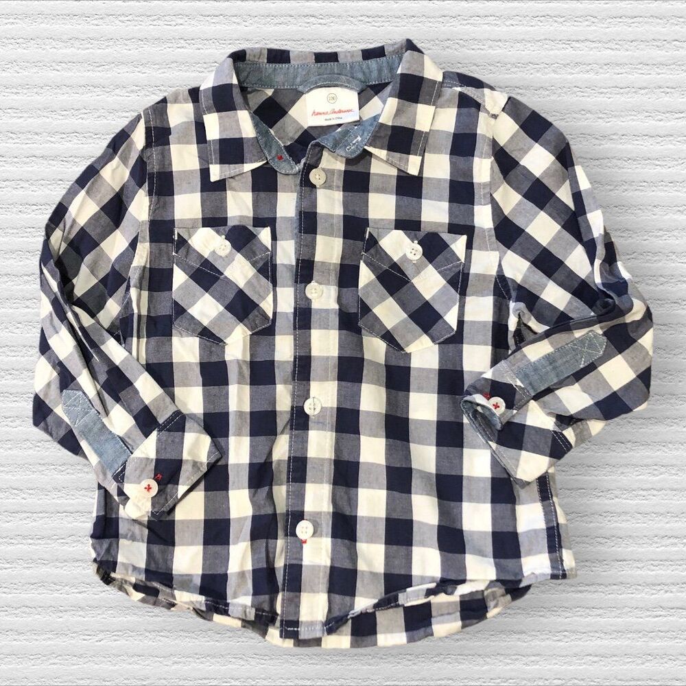 Hanna Andersson 4 Blue White Plaid Checkered Button Down Dress Shirt